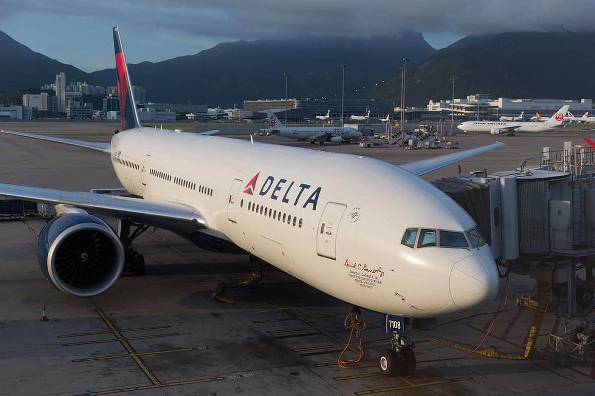 Delta air lines boeing 777 parked at the Hong Kong International Airport