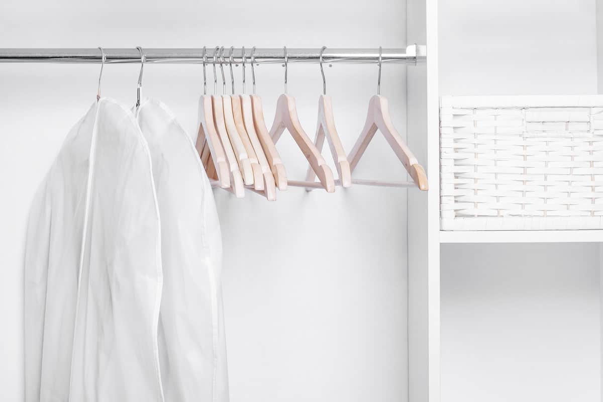 all white background, wood hanger, white closet, white garment bag, stainless rod