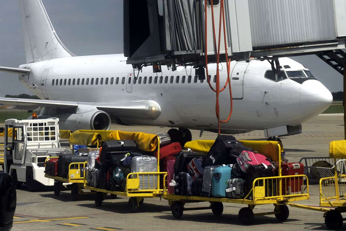 huge passenger plane, passengers luggage ready for loading to the airplane