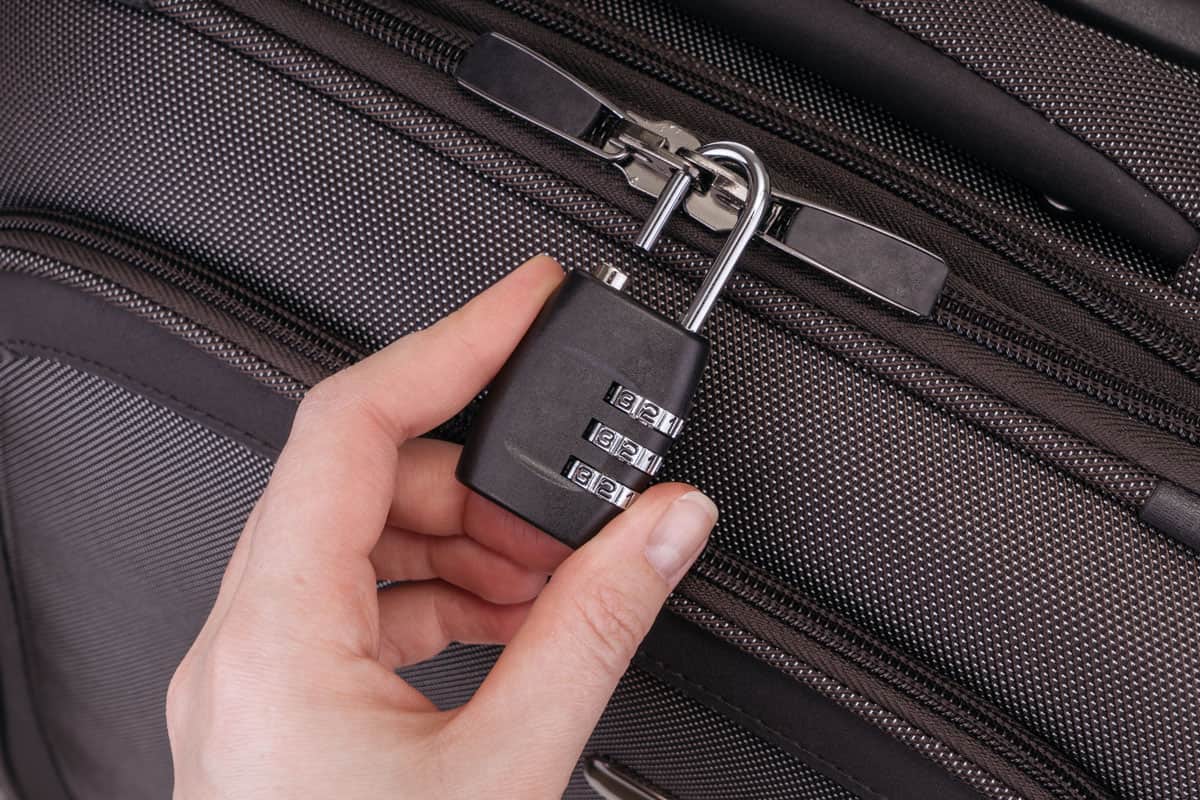 secured, locked, carry on luggage bag, black, man hand