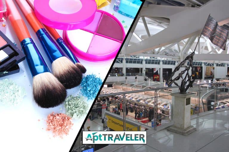 A collage of Make up, brushes and an Airport, Do You Have To Put Makeup In A Plastic Bag At The Airport?