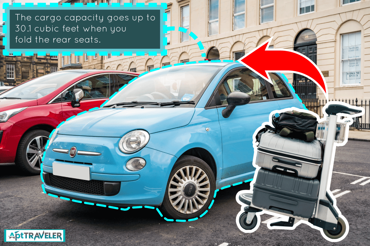 modern shiny sky blue fiat 500 car on the parking area outside of the building, Can You Fit A Suitcase In A Fiat 500?