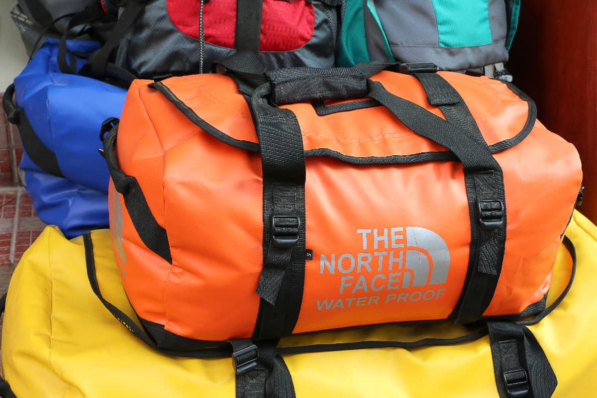 A North Face duffel bags for trekker and climbers selling along the street