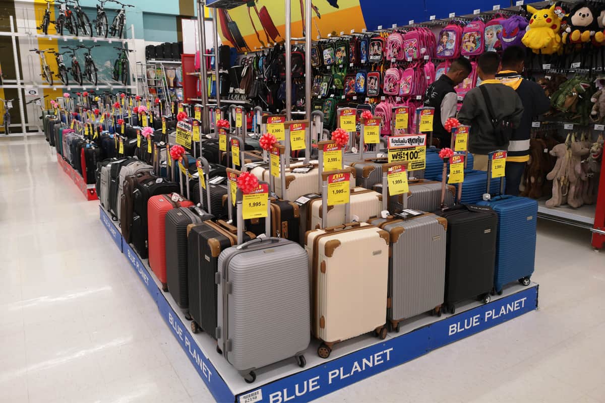 Travel bag sale on display in supermarket