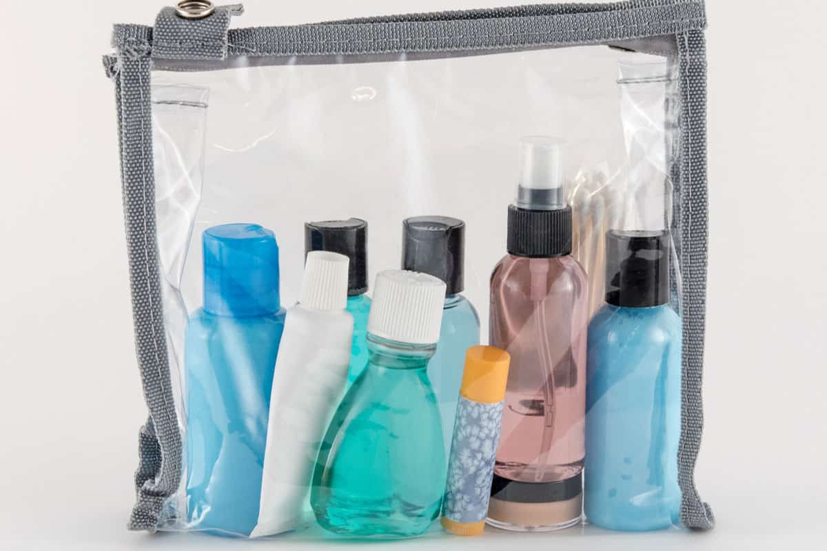 clear transparent plastic cosmetic bag, toiletries and cosmetics inside