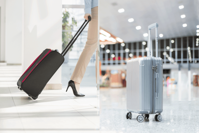 collaged photo of a two luggage glider luggage and a spinner luggage, Glider Vs. Spinner Luggage - Which To Choose?