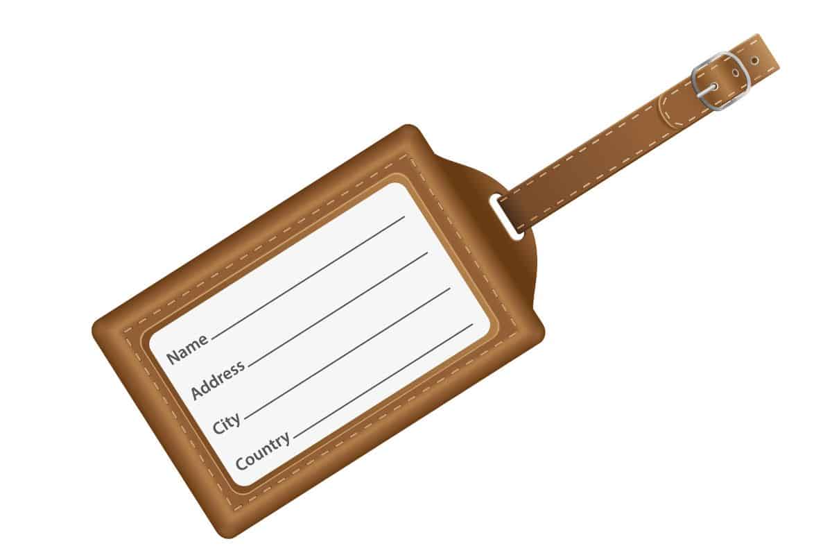 Brown leather luggage tag with name, address, city, state, phone fields. Luggage label with strap vector illustration. Travel tag