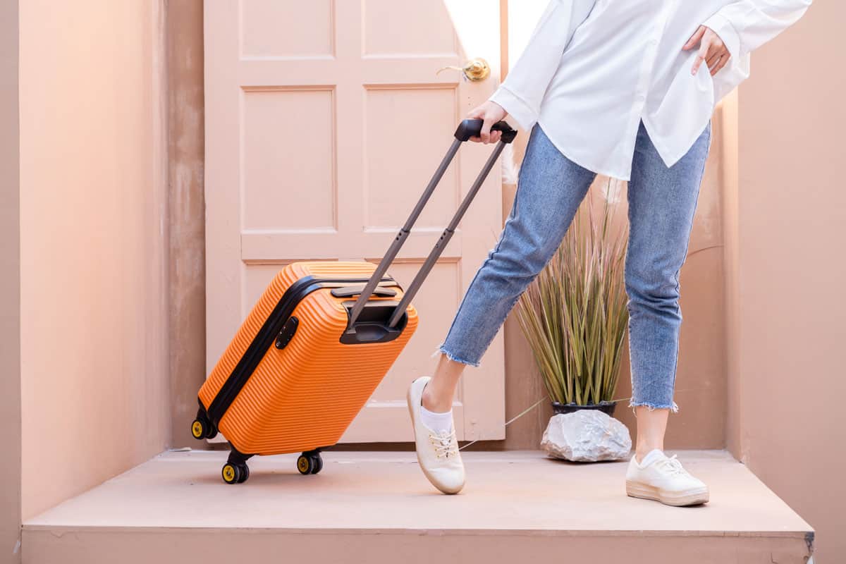 photo of a woman posing with orange spinner luggage on a pink background