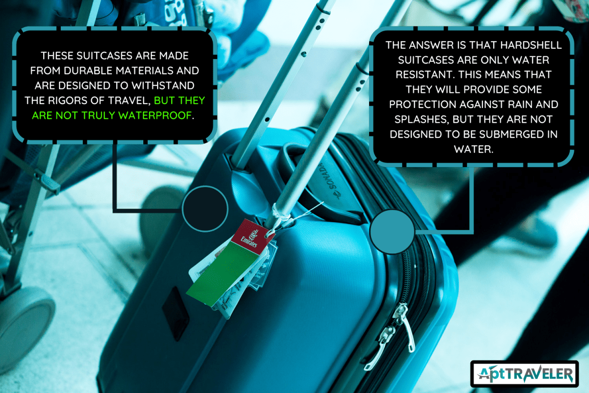 Capture and detailed shot of carry-on luggage of waiting people in a queue near gate of Emirates Airlines in airport Dubai. At suitcase of Samsonite is banner for adress of owner branded by Emirates. At left side is a baby carrier. - Are Samsonite Suitcases Waterproof