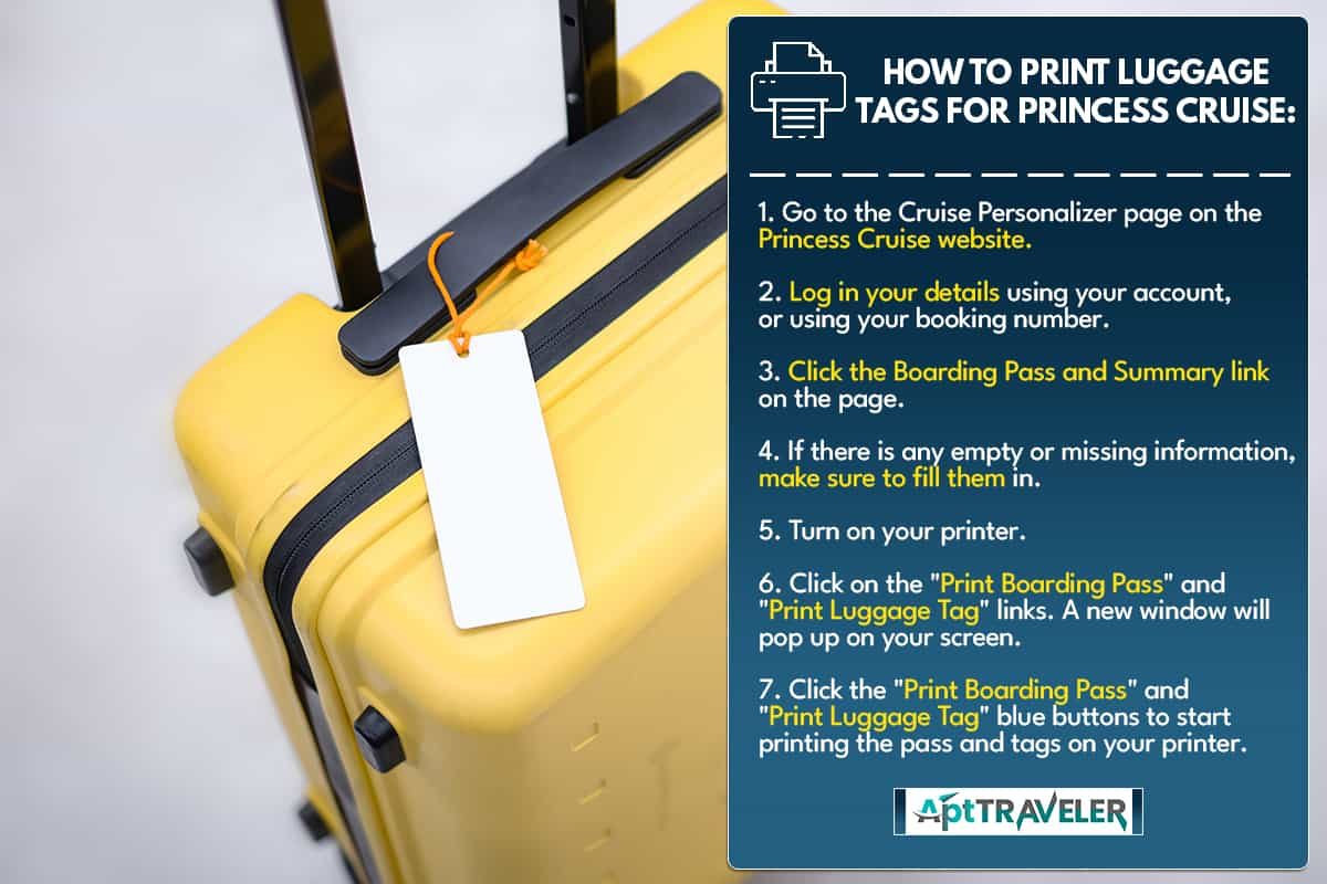 A name tag tied to yellow thick suitcase, How To Print Luggage Tags For Princess Cruise
