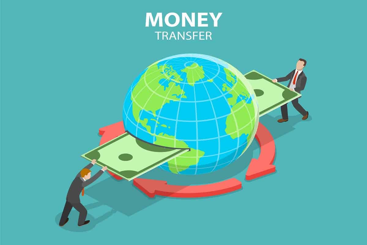 Sending The Money Abroad - Isometric flat concept of international money transfer, online banking, financial transaction.