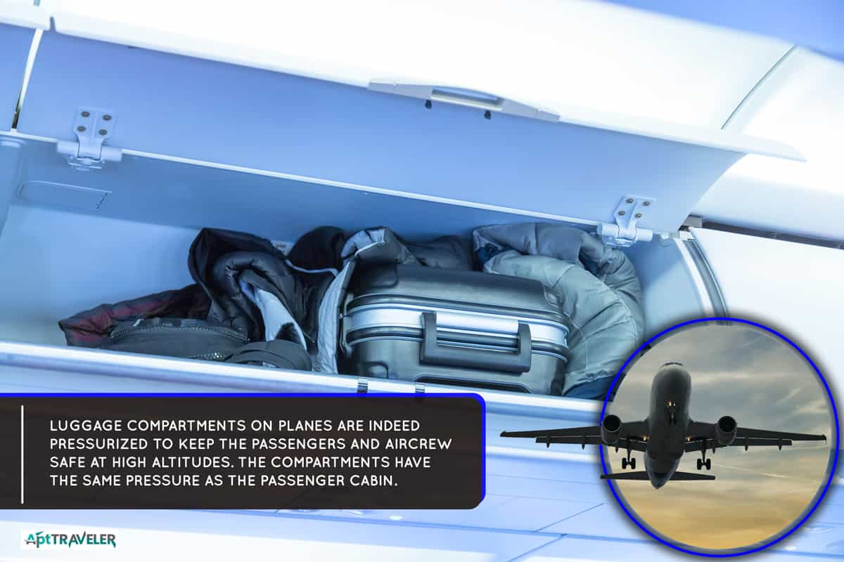 Luggage shelf with baggage suitcase in an airplane. Aircraft interior. Travel concept., Are Luggage Compartments On Planes Pressurized?