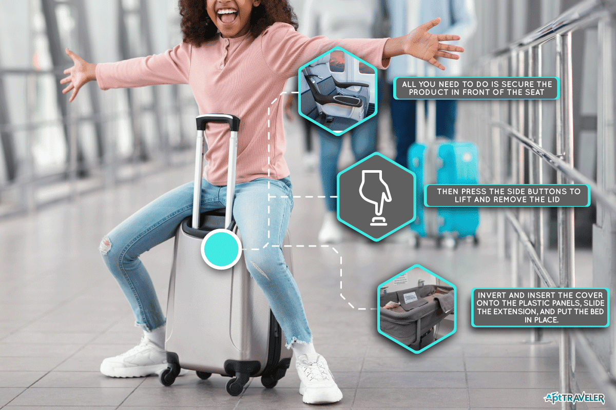 Joyful excited black girl sitting on bag and having fun in airport, How To Use Jetkids BedBox