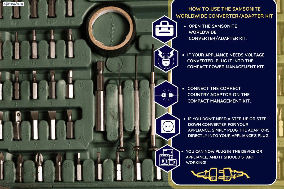 Tool set of screwdriver bits with different nozzles stored in a box. - How To Use Samsonite Worldwide Converter/Adapter Kit