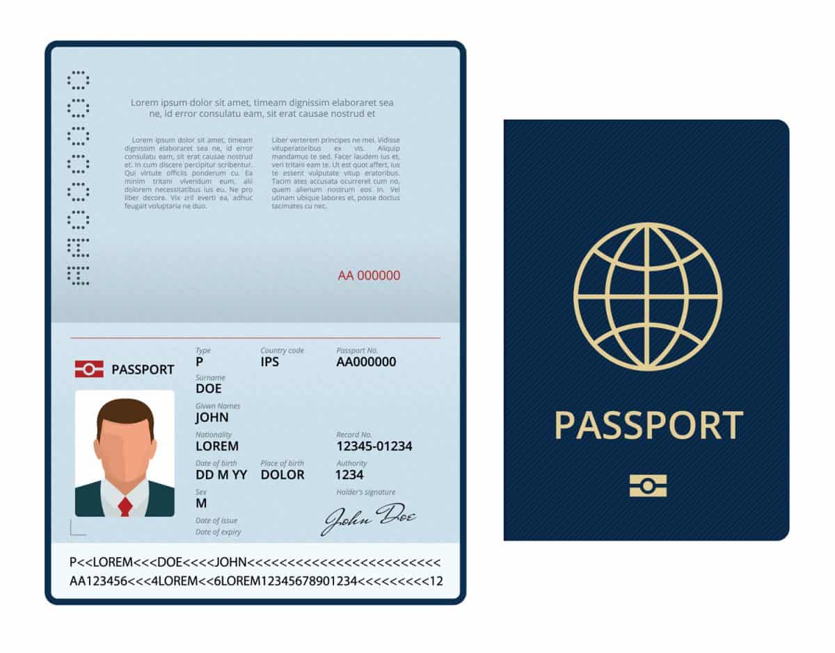 Vector Blank open passport template. International passport with sample personal data page. Document for travel and immigration. Isolated vector illustration.
