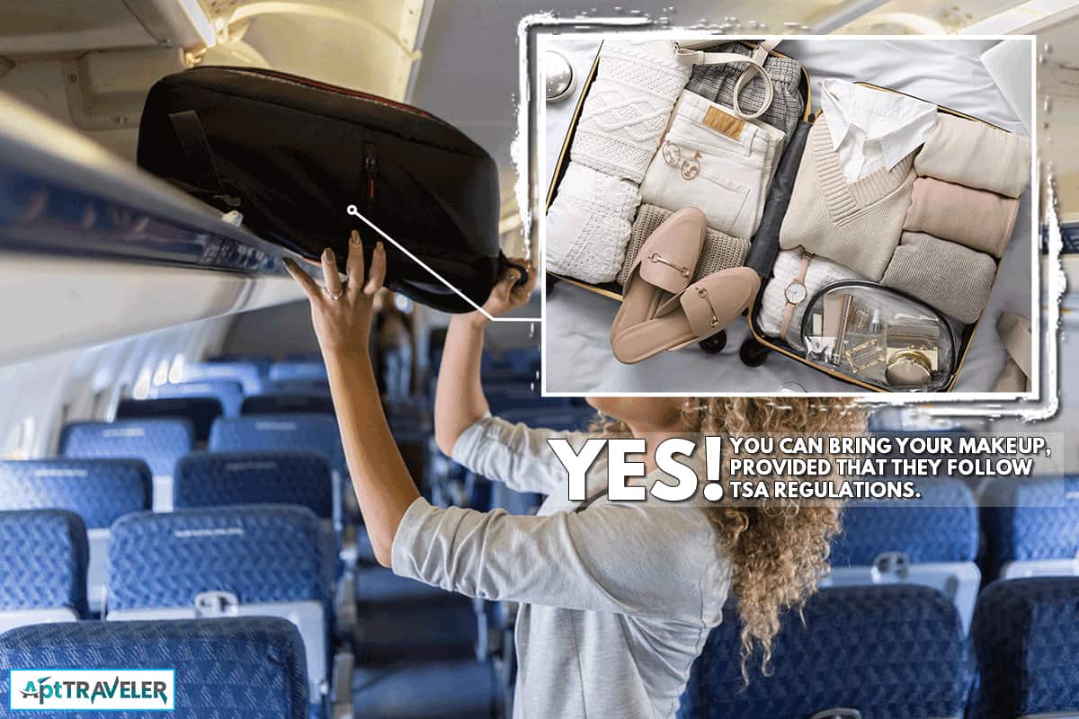 Young woman places luggage in airline overhead bin, Should I Put My Make-up In My Carry-On?